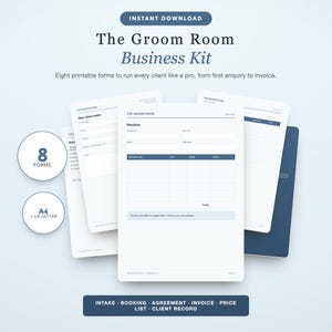 Op de afbeelding: De The Groom Room Business Kit bevat acht printbare formulieren, waaronder een factuur en een intakeformulier voor nieuwe klanten. De documenten zijn beschikbaar in A4 en US Letter formaat voor professioneel beheer van aanvraag tot factuur.