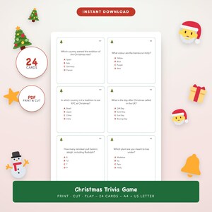 May include: A printable Christmas trivia game sheet featuring six multiple-choice questions about holiday traditions. The white rectangular cards include text, numbered labels, and small tree icons. The design includes festive graphics like Santa, gifts, and snowmen.