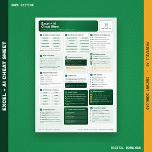 Excel AI Cheat Sheet 2026 | Printable Copilot & Formula Guide | Agent Mode, COPILOT Function, Python | Digital Download PDF