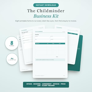 Könnte beinhalten: Das Childminder Business Kit enthält acht druckbare Formulare für die Kundenverwaltung. Die Dokumente mit türkisfarbenen Akzenten und Kopfzeilen umfassen Rechnungen, Kundenaufnahmebögen und Verträge. Verfügbar in A4 und US Letter Format.