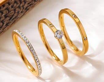 Luxury Stainless Steel Ring for Women, Three-Piece Zircon Set, Classic Fashion Jewelry Gift
