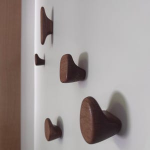 Puede incluir: Un conjunto de cinco ganchos de pared individuales fabricados en madera de color marrón oscuro. Cada gancho presenta una forma orgánica, lisa y redondeada con una textura de veta de madera visible, sobresaliendo para ofrecer un punto de colgado.