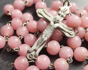 Vintage Italian Rosary Necklace – Pink Glass Mid-Century Prayer Beads – Devotional Catholic Jewelry – Handmade Unisex