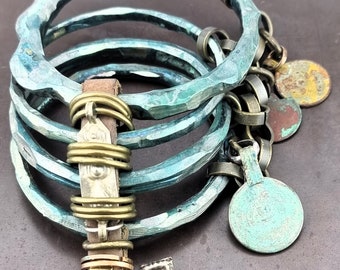 Artisan Stack 4 linked Bracelets - Leather & distressed carved polymer, vintage brass chains kuchi amulets totem patina charms Beadsnbones