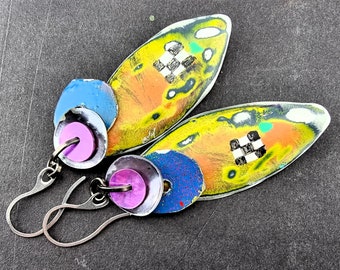 Violet Yellow - Boho Dangle patina reclaimed shell metalcraft vintage beads Wasteland Steampunk Scrapmetal statement Earrings by beadsnbones