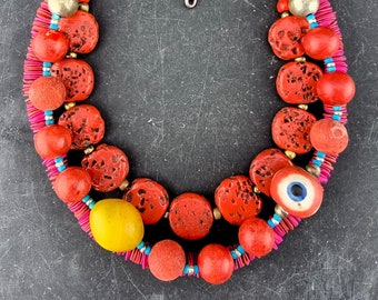 Third Eye - artisan nepal red glass eye antique bold vintage orange coral large beads - mermaid statement witch necklace boho by beadsnbones