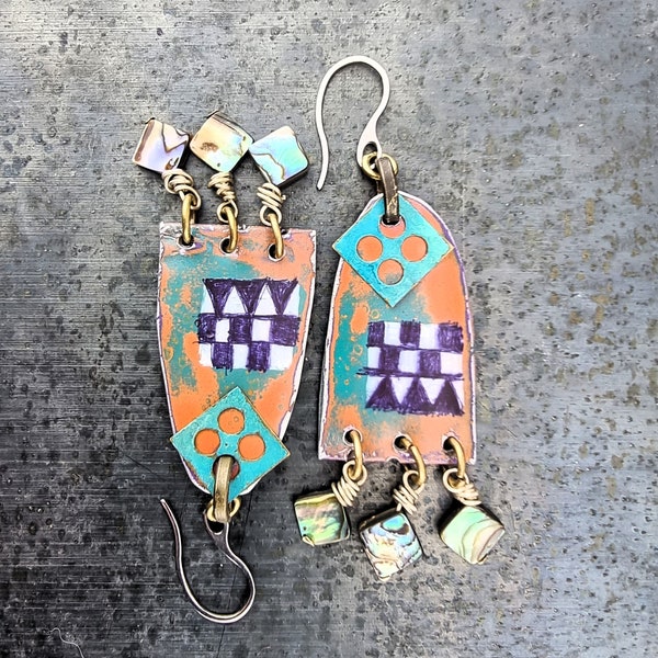 Tundra - Teal & Orange Rust Boho Dangle patina asymmetrical reclaimed metal vintage shell Wasteland Fairytale statement Earring beadsnbones