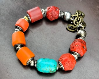 Red Teal Orange Bracelet - Sturdy artisan antique coral Nepal glass beads fall colors Bold statement tribal stacking bracelet by beadsnbones