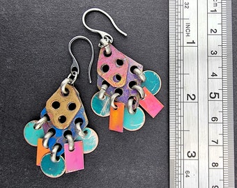 Punk pink & Moody mismatch rainbow retro Boho Dangle charm patina recycled metal Wasteland Steampunk grunge statement Earrings beadsnbones