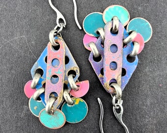 Punk pink & Moody Aqua teal and blue retro Boho Dangle charm patina recycled metal Wasteland Steampunk grunge statement Earrings beadsnbones