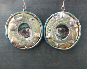 Eyes & Smileys - primitive mixed media artisan original artwork reclaimed Steampunk Wasteland Fairytale statement Earrings by Beadsnbones