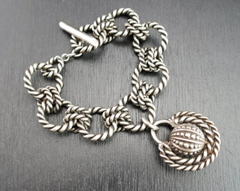 Boho Vintage Brutalist Silver-Tone Rope Chain Bracelet – Mexican Modernist Orb Jewelry – Statement Handmade Unisex