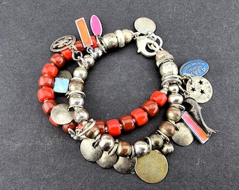 Bold Red and vintage silver and shell charms -  trade beads glass multi color statement tribal artisan bracelet by beadsnbones