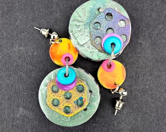 Wednesday - teal, violet & yellow retro Boho Dangle patina artisan recycled scrapmetal Steampunk grunge statement Earrings beadsnbones