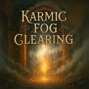 May include: A golden archway with the words "Karmic Fog Clearing" above a glowing, swirling light in a foggy forest.