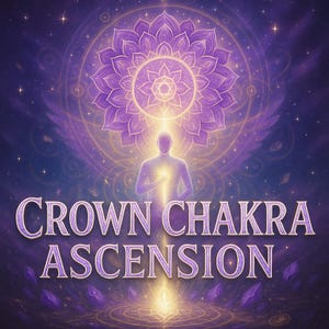 Könnte beinhalten: Digitales Kunstwerk mit einer lila Lotusblume, einer menschlichen Silhouette und dem Text "Crown Chakra Ascension". Der Hintergrund ist ein Farbverlauf aus Lila und Blau mit Sternen und geometrischen Formen.