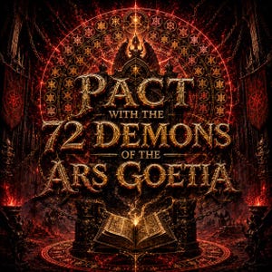 Op de afbeelding: Een digitaal kunstwerk met een gotisch thema. De afbeelding toont de tekst "PACT with the 72 DEMONS of the ARS GOETIA" in gouden letters. Onderaan staat een open boek met gloeiende pagina's, met kettingen en een cirkelvormig ontwerp erboven.