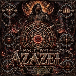 Pode incluir: Ilustração escura e detalhada com uma figura central rodeada por símbolos complexos e texto. O texto "PACT WITH AZAZEL" é exibido em destaque. A obra de arte apresenta um tema gótico e místico, com tons de vermelho, preto e dourado.