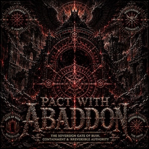 May include: A dark, gothic-style image with a red and black colour scheme. The central text reads "PACT WITH ABADDON." Additional text includes "The Sovereign Gate of Ruin, Containment & Irreversible Authority."