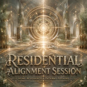 May include: A digital artwork with a central golden circular design radiating light. The text "RESIDENTIAL ALIGNMENT SESSION" is displayed in decorative lettering. The background shows a tranquil landscape with archways and trees, creating an ethereal atmosphere.
