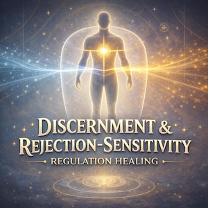 Puede incluir: Ilustración digital de una figura humana brillante dentro de un aura protectora, irradiando luz. La imagen tiene un tema celestial con las palabras "DISCERNMENT & REJECTION-SENSITIVITY" y "REGULATION HEALING" en letras doradas, sobre un fondo cósmico.