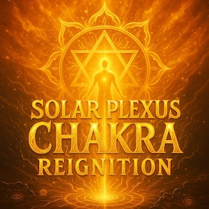 Puede incluir: Ilustración digital con una paleta de colores dorados. La imagen presenta una figura central dentro de un diseño de estrella y floral, con las palabras "SOLAR PLEXUS CHAKRA REIGNITION" en letras doradas. El fondo tiene un efecto arremolinado y ardiente.