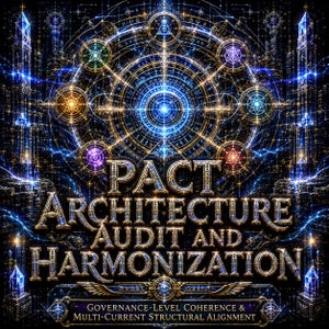 May include: A digital art piece with a dark blue and gold color scheme. The image features the text "PACT ARCHITECTURE AUDIT AND HARMONIZATION" in gold lettering. The background includes geometric shapes, lines, and a central circular design.