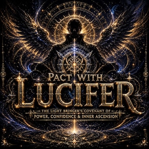 Könnte beinhalten: Digitales Kunstwerk mit dem goldenen Schriftzug "PACT WITH LUCIFER". Das Bild zeigt eine Silhouette mit großen Flügeln, umgeben von Himmelsmustern und dem Text "THE LIGHT BRINGER'S COVENANT OF POWER, CONFIDENCE & INNER ASCENSION."