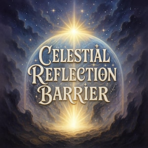 Puede incluir: Una escena celestial con una estrella brillante y un planeta en el fondo. El texto "Celestial Reflection Barrier" está escrito en una fuente dorada.
