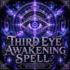 Puede incluir: Obra de arte digital con temática mística. La imagen presenta un gran ojo en el centro, rodeado de formas geométricas y elementos celestiales. Las palabras "THIRD EYE AWAKENING SPELL" se muestran de forma destacada, con texto adicional debajo, en morado y azul.