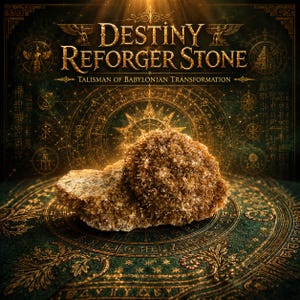 Puede incluir: Primer plano de una piedra marrón rugosa con una superficie texturizada. La piedra se encuentra sobre un fondo verde y dorado con las palabras "Destiny Reforger Stone" en letras doradas.
