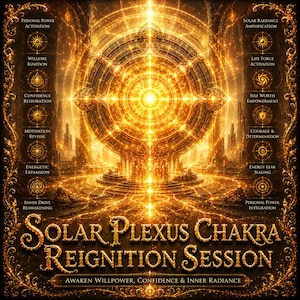 Puede incluir: Una obra de arte digital dorada y brillante. La imagen presenta el texto "Solar Plexus Chakra Reignition Session" y "Awaken Willpower, Confidence & Inner Radiance". La obra de arte incluye símbolos y texto relacionados con el crecimiento personal y la energía.