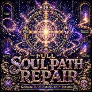 Op de afbeelding: Digitaal kunstwerk met een hemels thema. De afbeelding toont een centraal cirkelvormig ontwerp met ingewikkelde patronen en de woorden "FULL SOUL PATH REPAIR". Omringende elementen zijn teksten als "Karmic Loops" en "New Paths Activated".
