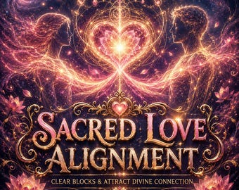 Puede incluir: Ilustración digital con dos figuras etéreas enfrentadas, con un diseño en forma de corazón brillante entre ellas. Las palabras "SACRED LOVE ALIGNMENT" se muestran en escritura dorada, con el texto "CLEAR BLOCKS & ATTRACT DIVINE CONNECTION" debajo.