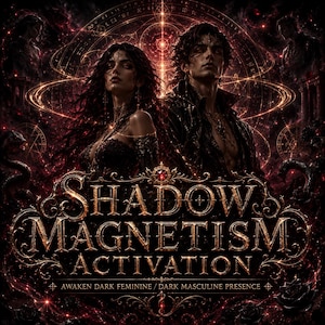 May include: Digital art featuring a man and woman with dark hair, set against a cosmic background. The text "SHADOW MAGNETISM ACTIVATION" is prominently displayed, with the tagline "AWAKEN DARK FEMININE / DARK MASCULINE PRESENCE". The artwork has a gothic, mystical theme.