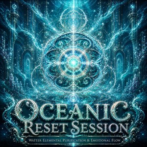 May include: Digital art with a teal and blue color scheme. The image features the text "OCEANIC RESET SESSION" in silver lettering, with the words "Water Elemental Purification & Emotional Flow" below. The artwork has a detailed, ornate design with a central circular motif.