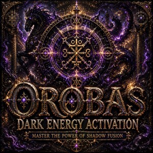 Op de afbeelding: Een sierlijk digitaal kunstwerk met een donker, mystiek thema. De afbeelding toont het woord "OROBAS" in gouden letters, met de tekst "DARK ENERGY ACTIVATION" en "MASTER THE POWER OF SHADOW FUSION" eronder. Een zwart paard en een cirkelvormig ontwerp zijn ook aanwezig.