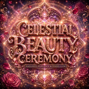 Puede incluir: Un diseño ornamentado y brillante con las palabras "Celestial Beauty Ceremony" en letras doradas. La imagen presenta un tema celestial con rosas, acentos brillantes y el lema "Radiance, Elegance & Inner Glow."