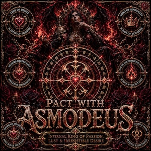Può includere: Illustrazione gotica scura, dominata da rosso e oro, con una figura centrale e simboli intricati. Il testo "PACT WITH ASMODEUS" è in evidenza, con "Infernal King of Passion, Lust & Irresistible Desire". Il design evoca la fantasia oscura.