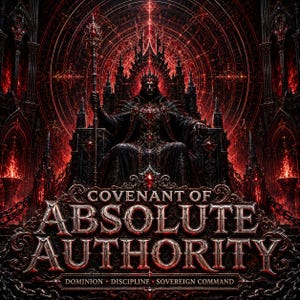May include: A dark fantasy illustration featuring a crowned figure seated on an ornate throne, holding a staff. The text reads COVENANT OF ABSOLUTE AUTHORITY, with the words DOMINION, DISCIPLINE, and SOVEREIGN COMMAND displayed below in red and black.