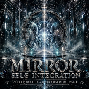 May include: Digital artwork depicting a circular mirror with two human profiles facing each other, surrounded by lines and lights. The word "MIRROR" is displayed, along with "SELF INTEGRATION" and "SHADOW MERGING & INNER REFLECTION HEALING". The colour scheme is predominantly dark blues and silvers.