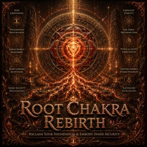 Könnte beinhalten: Ein kunstvolles digitales Bild mit einem dunklen, verzierten Design. Im Zentrum steht eine leuchtende, goldene baumartige Struktur mit dem Text "Root Chakra Rebirth". Um das zentrale Bild herum befinden sich Symbole und Text zum Thema Erdung, Energie und Sicherheit.