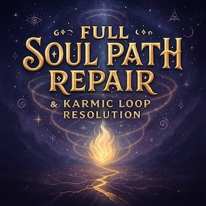 May include: A digital illustration of a golden flame with a swirling galaxy background. The text "FULL SOUL PATH REPAIR & KARMIC LOOP RESOLUTION" is written in a decorative font.