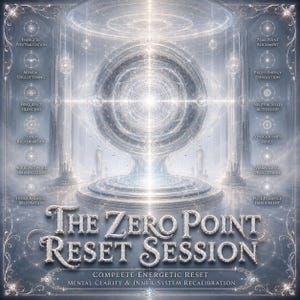 May include: A digital artwork featuring a central, glowing orb with intricate architectural elements and text. The text reads "The Zero Point Reset Session" with supporting phrases like "Complete Energetic Reset". The color palette is primarily silver and white.