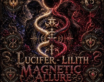May include: A digital art print featuring Lucifer and Lilith with the text "Lucifer-Lilith Magnetic Allure". The artwork has a dark color palette with gold, red, and black accents. The design includes celestial and mystical elements.