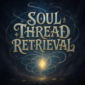 Könnte beinhalten: Ein stilisiertes Textdesign in Gold und Blau auf einem dunkelblauen Hintergrund mit einem wirbelnden Licht in der Mitte. Der Text lautet "Soul Thread Retrieval".