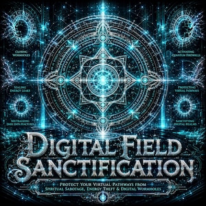 May include: A digital art piece with a complex, glowing blue and white design. The central focus is a circular pattern with geometric shapes and text, including "Digital Field Sanctification." Additional text mentions protecting virtual pathways from spiritual sabotage and energy theft.