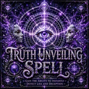 May include: A digital art piece with a dark purple and silver color scheme. The image features an eye in the center, surrounded by a circular design and two faces. The text reads "Truth Unveiling Spell" and "Gain the ability to instantly detect lies and deception."