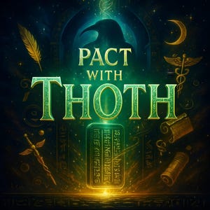 Puede incluir: Ilustración digital con un fondo azul oscuro y verde que presenta el texto "PACT WITH THOTH" en letras verdes brillantes. La imagen incluye una silueta de cuervo, una pluma dorada, una luna creciente y otros símbolos egipcios antiguos.