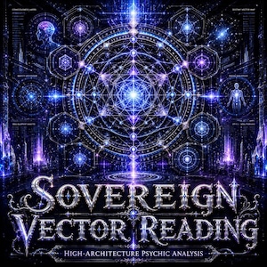 Puede incluir: Obra de arte digital en tonos azules y morados, con patrones geométricos y un diseño central de explosión estelar. El texto "SOVEREIGN VECTOR READING" se muestra de forma destacada, con "HIGH-ARCHITECTURE PSYCHIC ANALYSIS" debajo, todo sobre un fondo oscuro.